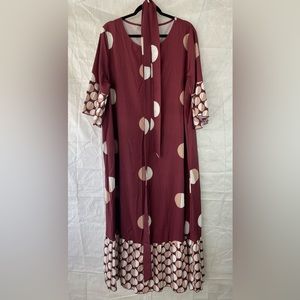 Red patterned maxi dress with matching belt